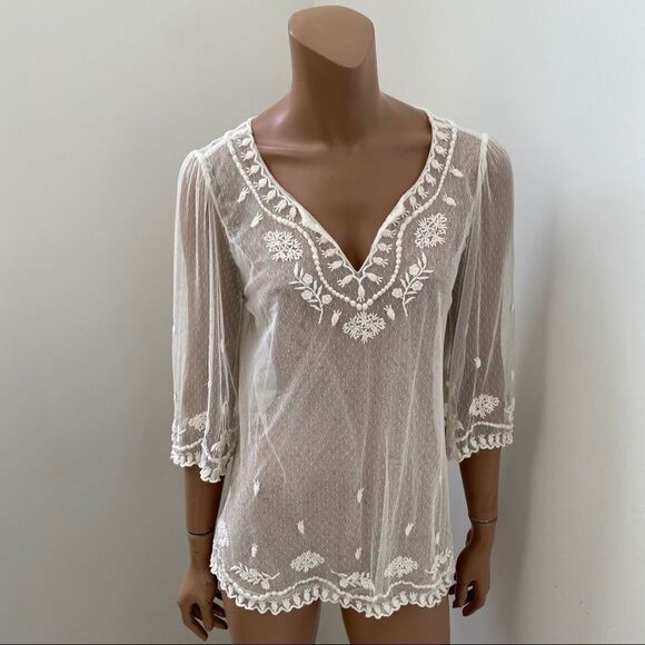 SUNDANCE ivory embroidered mesh sheer top XS - Picture 8 of 8